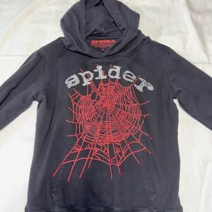 Men’s Sp5der Worldwide Black Hoodie with Red Web Design